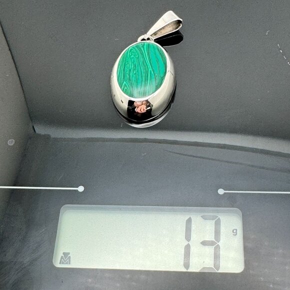 Taxco .925 Sterling Silver & Malachite Oval Pendant Vintage Gift - Picture 4 of 8